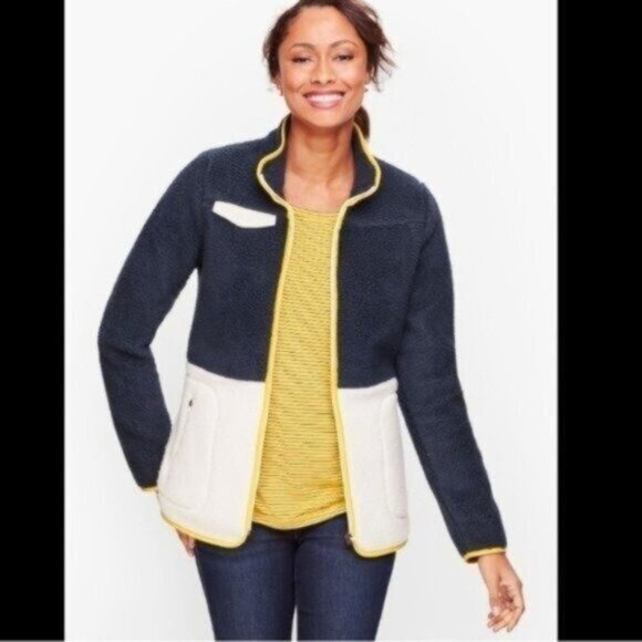 Talbots Colorblocked Full Zip Sherpa Sweater Jacket Blue White - Picture 1 of 7